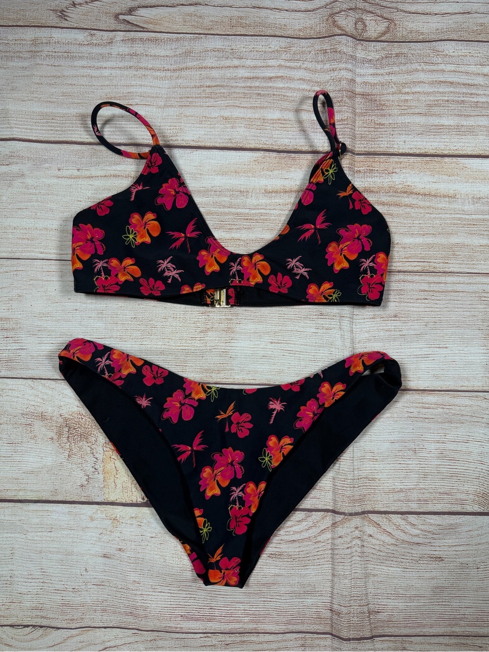 Leni Swim Black Floral Bikini Set with Pink & Orange Hibiscus Print